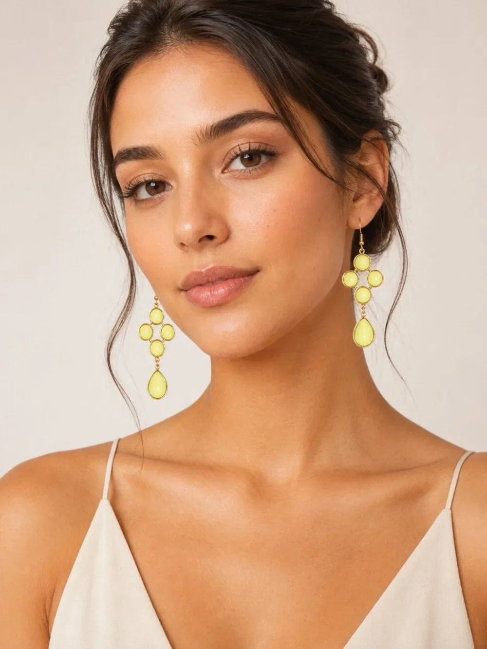 Gold Tone Green Beaded Drop Earrings